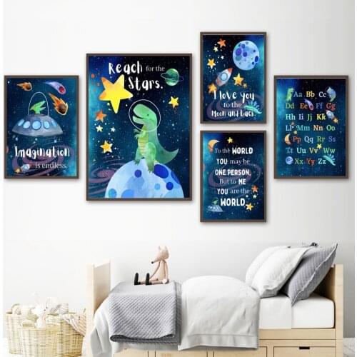 Space Dinosaur UFO Education Number Alphabet Nursery Wall Art Print Canvas Painting Nordic Poster Decor Pictures Baby Kids Room