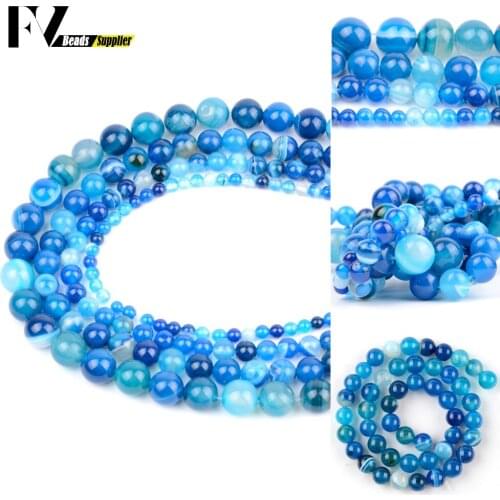 Wholesale 4/12mm Natural Blue Stripe Agates Stone Loose Spacer Round Beads For Jewelry Making DIY Bracelets Necklace Needlework