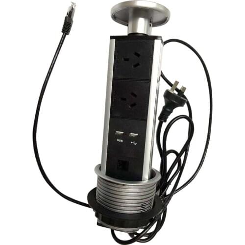 Kitchen Table Worktop Pulling Pop Up Hidden Power Strip with 2 AU Power outlets+ 2 USB Ports+CAT6 Retractable Electric Socket