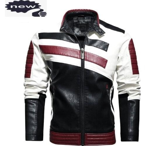 Personality Mens Motorcycle Jacket Patchwork Long Sleeve Stand Collar Slim Pu Leather Biker Jackets Streetwear Men Short Coat