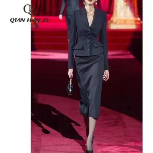 Qian Han Zi fashion runway suit Long-sleeved single-breasted slim black blazer+bodycon skirt two piece set office Women 2021 new