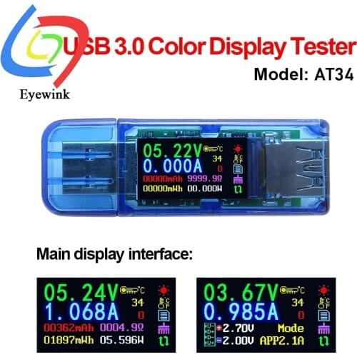 AT34 AT35 USB 3.0 color LCD Voltmeter ammeter voltage current meter multimeter battery charge power bank USB Tester