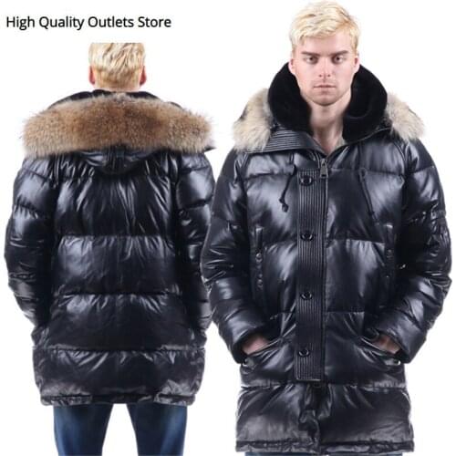 Men sheepskin down coat man genuine leather down jacket outerwear raccoon fur collar with hood