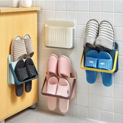 Wall Mounted Shoe Holder Organizer Folding Shoe Storage Rack Hanging Shelf Convenient Adhesive Shoe Hanger Bathroom Organizer