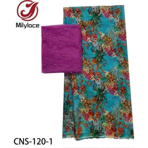 Frivolous Real Silk Chiffon Printing Mulberry Silk Chiffon Cloth with Tulle Beaded Lace Fabric 2 Yards for Clothes CNS-120-121