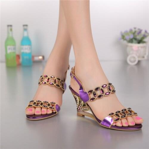 2018 Summer Womens New Purple High-heeled Sandals Wedges Roman Luxury Diamond Shoes