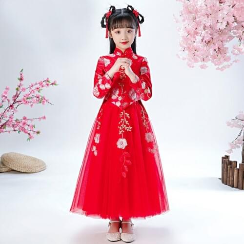 Girl Cheongsam Dress Lace Embroidery Dress Baby Princess Dresses For Wedding Party Vestidos Girls Floral Chinese New Year Dress