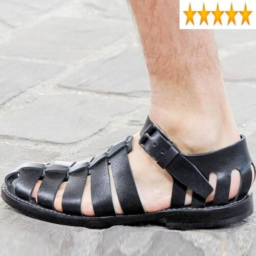Gladiator Italian Classic Mens Summer Beach Sandals Ankle Buckle Weave Hollow Out Cow Real Leather Large Size Casual Shoes