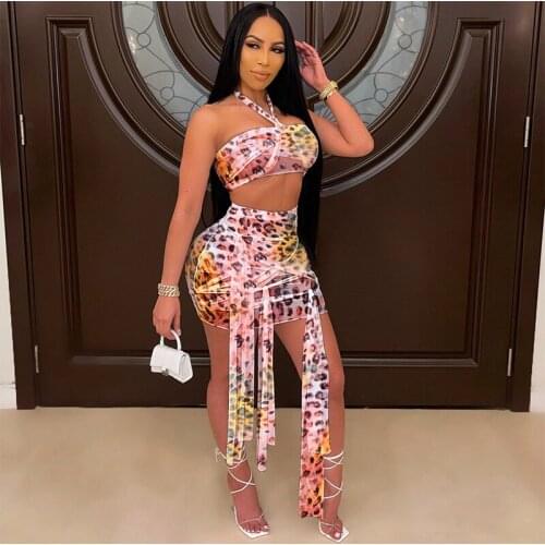 Sexy Summer Two Piece Skirt Set Women Beachwear Tie Dye 2 Piece Set Halter Top and Mini Skirt Set Sheer Mesh Club Beach Outfits