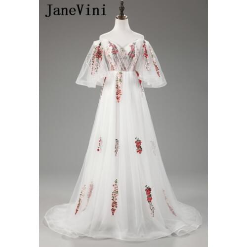 JaneVini Tulle Long Bridesmaid Dresses for Wedding Short Sleeves Embroidery Elegant Prom Dresses Floor Length Mousseline De Soie