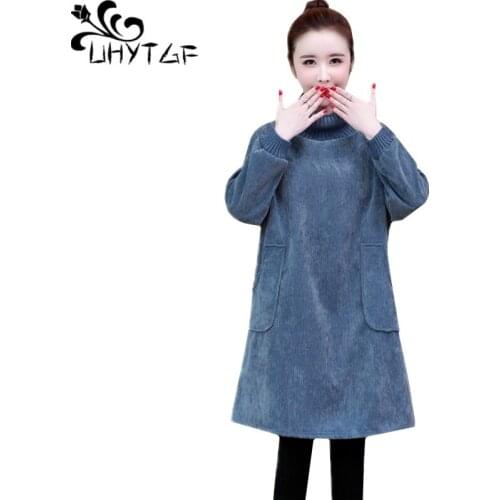 UHYTGF Autumn Dress Women Fashion Corduroy Sports Dress Turtleneck Pullover 5XL Plus Size Dresses casual female Winter dress 780