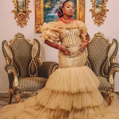 Aso Ebi Champagne Evening Dresses One Shoulder Mermaid Prom Dress Plus Size Ruffles Sleeves Sequined And Tulle Beads Party Gown