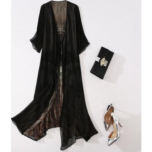 High Quality 100% Silk Dress Women Retro Long Silk Cardigan Half Sleeve Casual Shirt Dress Women New Fashion