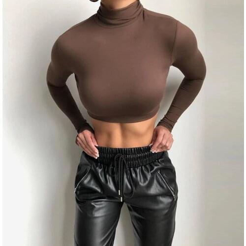 2021 Fashion Sexy Long Sleeve T-Shirt Women Top Clothing Spring Autumn Turtleneck Solid Slim Crop Top Street Casual Short Tops