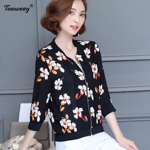 Femal loose Shirts floral zipper Shirt Women 2021 Autumn style New Korean Women 3/4 Sleeve Shirts o-neck Chiffon Blouses