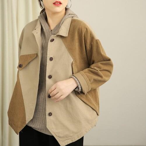 2021Spring Corduroy Stitching Color Matching Loose Literary Pocket Long Sleeve Shirt Short Jacket Female Retro Casual Coat y1379