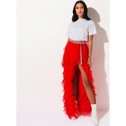 High Street Red Ruffles Tiered Tulle Women Skirts High Side Split Long Straight Women Skirts Zipper Maxi Skirt