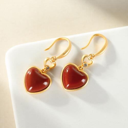 S925 Sterling Silver Natural South Red Agate Personality Love Heart Stud Earrings Stylish Graceful Simple Female European and Am