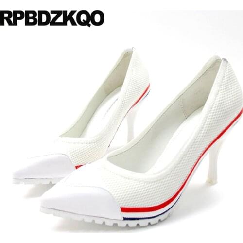 Pumps European Mesh Runway Catwalk High Heels Genuine Leather Casual Celebrity Brand 8cm Pointed Toe White Thin Women 2021 Shoes