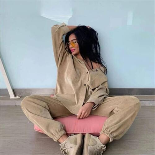 TAOVK Womens tracksuit corduroy Pinstripe Single-breasted pocket Tops and pants women suits