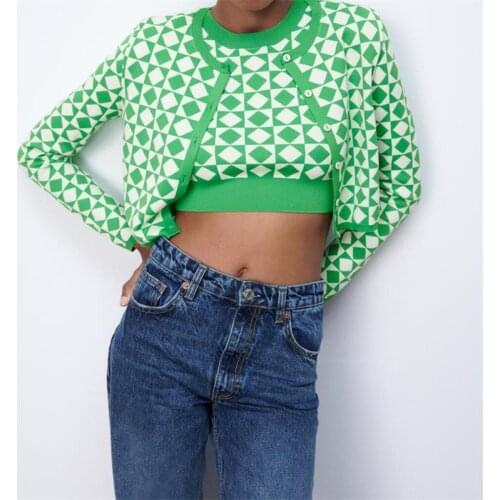 MESTTRAF Women 2021 Fashion Argyle Knit Cardigan Sweater Vintage Long Sleeve Round Neck Button-up Female Outerwear Streetwear