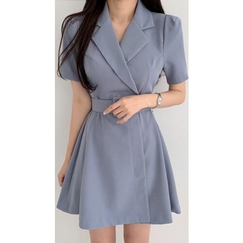 Chic Korean Summer Temperament Elegant Lapel Short Sleeve Suit Dress Women Mini with Belt Fashion Vestido Feminino OL Casual