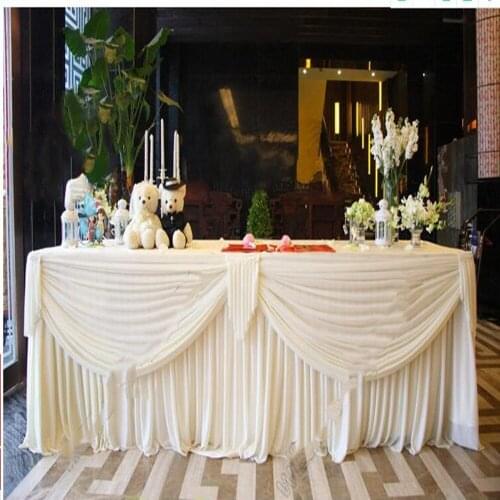 1 piece Free Shipping 6ft Rectangle Ice Silk Table Skirt with Big Valance Fitted Table Skirt Table Cloth with Free Table Clips