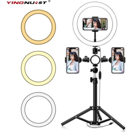 10 inch selfie ring light makeup lamp in 3 lights modes with tripod multi smartphone holders for youtuber studio lighting