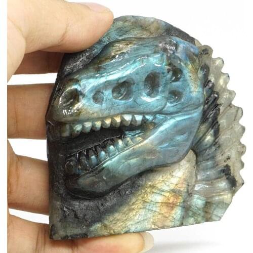 3" Flash Labradorite Dinosaur Head Crystal Healing Reiki Gemstone Statue Decor