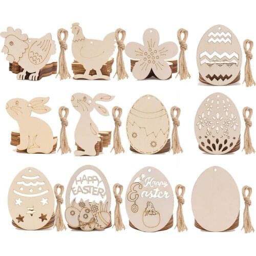 48pcs Easter Wood Hanging Ornament DIY Rabbit Eggs Chip Pendant Home Party Decoration Handicraft Kids Gift