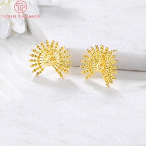 6PCS 22x20MM 24K Gold Color Brass Peacock Stud Earrings High Quality Diy Jewelry Findings Accessories
