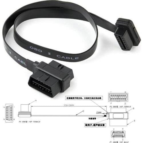 60cm! OBD2 16 Pin Cable Flat Thin As Noodle ELM327 Male To dual Female OBD 2 Elbow Extension OBDII Diagnose Connector