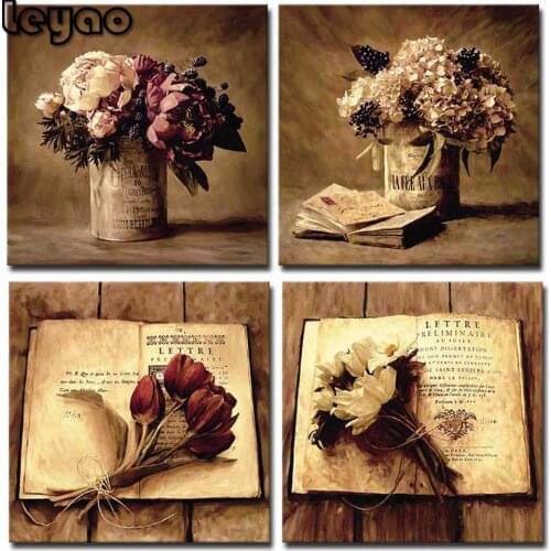 Diamond painting 5d 4 pieces of floral wall art retro flowers and water bottle painting retro multi-picture diamond embroidery