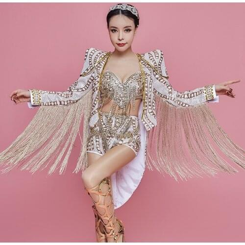 Sparkly Gold Rhinestones Long Tassel Bodysuit DJ DS Female Singer Nightclub Bar Team Dance Show Outfit Birthday Party Clothing