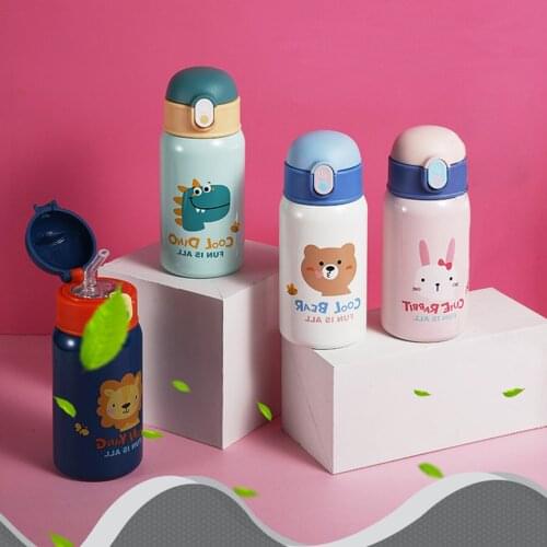 Baby Vacuum Flask with Cup Holder Silicone Straw Bounce Lid 304 Stainless Steel Cartoon Pattern Water Bottle 400ml