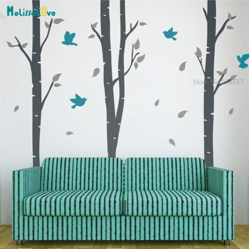 Nursery Birch Tree Wall Mural Stickers 3 Trees and Birds Wall Art Decals Removable Vinyl Wallpaper Home Decor BB071