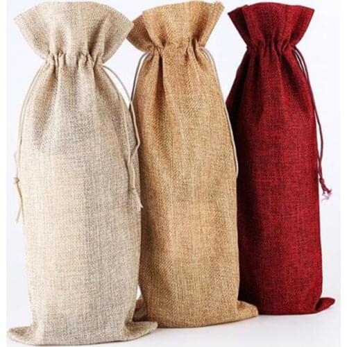 Customized LOGO 100PCS/LOT Red Wine Bottle Covers Gift Champagne Pouch Burlap Packaging Bag Wedding Party Decoration