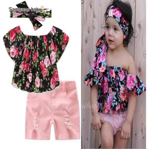 2017 Children Girl Summer Clothing Set Girls Floral Suits Strapless Short Sleeved Flower Shirts+denim Shorts+headwear 3pcs Suit