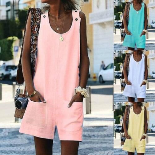Summer Women Casual Overalls Solid Color Dungarees Harem Strap Dress Baggy Plain Loose Pocket One-Piece Dress
