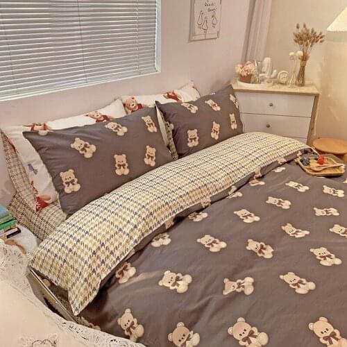 Ins Bedding Set Small Fresh Sheets Four-piece Set Pure Cotton Duvet Cover Cartoon Printing Simple Striped Cute Bedding