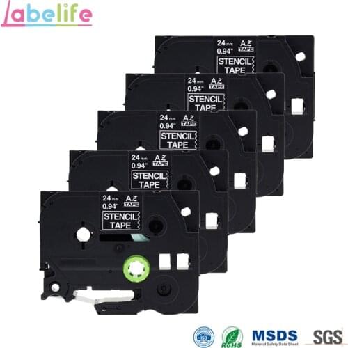Labelife 5 Pack STE151 Black Stamp Stencil Cassette Tape 24mm x 3m (STE-151 ST151 ST-151 Tape) For Brother P-touch PT Printers