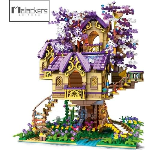 Mailackers City Creator Cherry Blossoms Tree House With Light Building Blocks Ideas Elves Castle Modular Bricks Childrens Toys