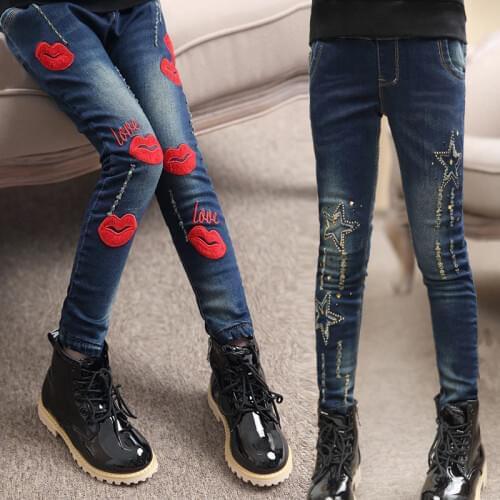 Cute Star Kids Jeans Spring Toddler Girls Denim Trousers Red Lip Pants Cotton Overalls for Big Kids Skinny Pencil Pants 3-16T