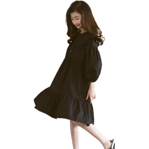 Layered Girls Dress Cotton 2021 New Children Summer Dress Balck Button Teen Kids Clothes Latern Sleeve,#6039