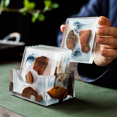 Handmade Transparent Resin Wood Cup Plate Set For Kung Fu Tea Coffee Cup Office House Decoration Cup Tray With Storage Base