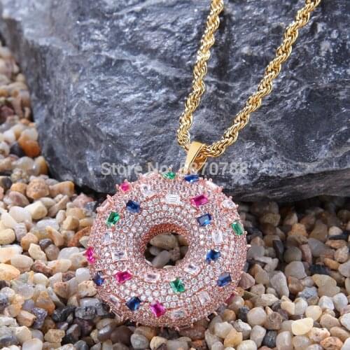 Hip hop donut multicolour zircon iced out brass chain pendant