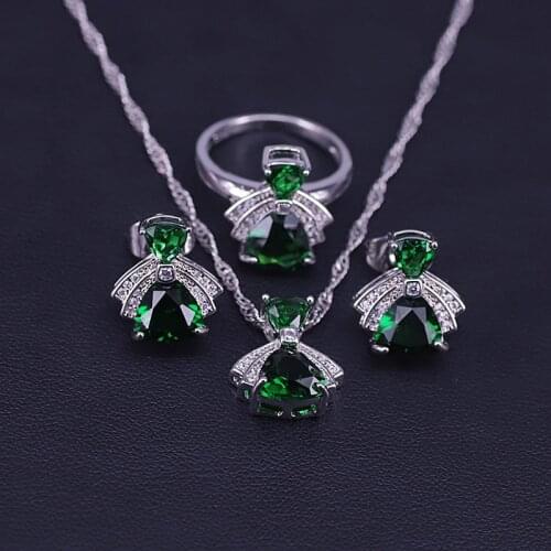 Russian Style Small Dress Square Green Zircon Silver 925 Jewelry For Women Stud Earrings Ring Necklace Set Bridal Jewelry