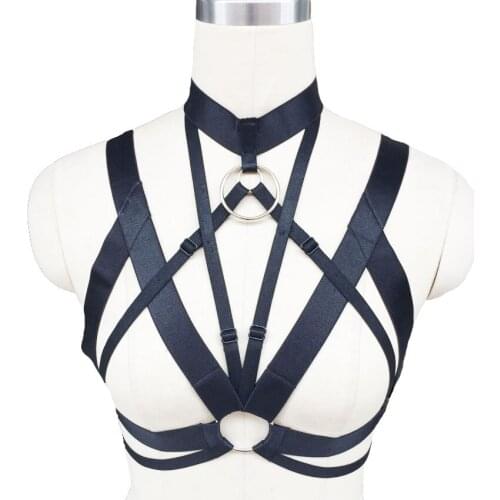 Sexy black body harness belt fetish wear cage bra fashion body harness gothic silver ring Pole dance harness bra cage lingerie