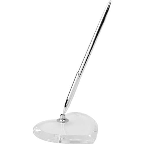 Wedding Guest Book Signing Pen Marriage Decor Gifts and Party Supply with Heart Shape Acrylic Base Stand (Silver)