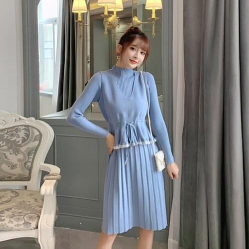 New 2019 autumn/winter fashion Knitted Dress two piece set +V-neck ruffles sweater vest suits female 2 sets